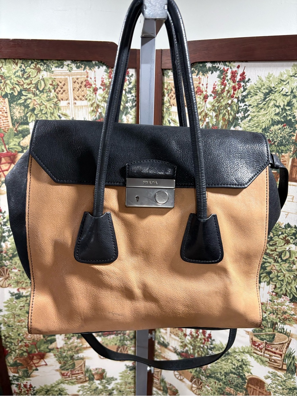 Prada Glance Pomice Two-Tone Tan and Black Leather Satchel - Picture 10 of 16